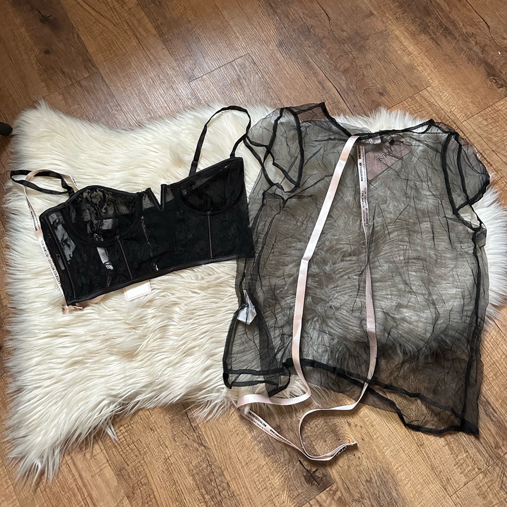 House of CB | Black Lace Corset Bustier And Sheer Top Set